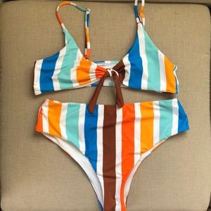 Striped Bralette Bikini. High waisted bottoms.